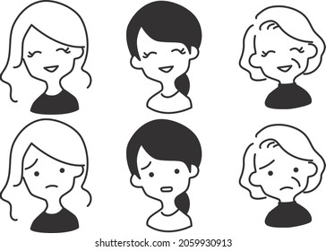 Face icons for young and senior women. Smile and worried expression. Black and white. Line drawing.