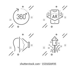 Face Id, 360 Degrees And Augmented Reality Line Icons Set. Fireworks Sign. Phone Scanning, Panoramic View, Phone Simulation. Christmas Pyrotechnic. Science Set. Line Face Id Outline Icon. Vector