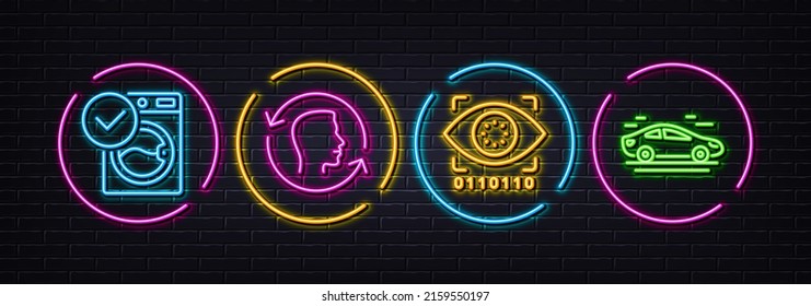 Face id, Artificial intelligence and Washing machine minimal line icons. Neon laser 3d lights. Car icons. For web, application, printing. Identification system, Retinal access, Laundry. Vector