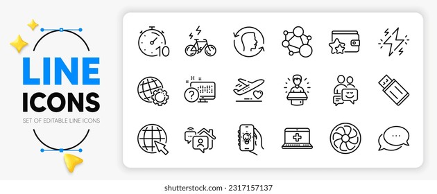 Face id, Brand ambassador and E-bike line icons set for app include Online quiz, Electric app, Communication outline thin icon. Internet, Power, Usb flash pictogram icon. Work home. Vector