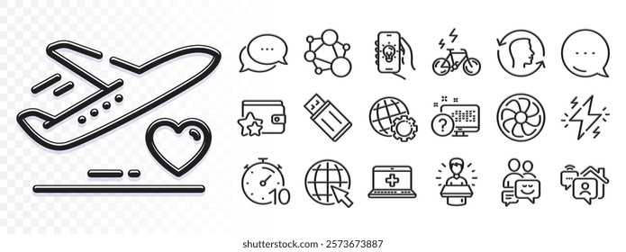 Face id, Brand ambassador and E-bike line icons for web app. Glare of light effect. Message icon. Pack of Online quiz, Electric app, Communication pictogram icons. Vector