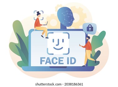 Face ID concept. Biometric identification system. Tiny people scans and recognition faceusing laser in laptop. Data security. Modern flat cartoon style. Vector illustration on white background