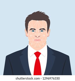 Face ID concept. Facial recognition technology. Biometric verification. Male avatar. Young man face. Man in the suit, shirt and necktie. Businessman head and shoulders. Vector illustration.