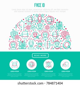Face ID concept in half circle with thin line icons: face recognition, scanning, mobile authentication, approved, disapproved, face detect. Modern vector illustration, template for web page.