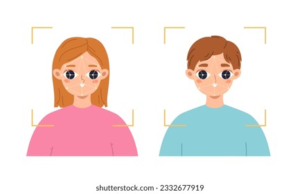 Face id concept, identification personal mobile app. Facial scan, biometric recognition and scanning. Person verification snugly vector concept