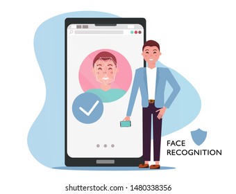 Face id concept. Man with mobile phone, male face on big smartphone screen. Personality Recognition in mobile app, modern phone with security system. Flat cartoon vector illustration.
