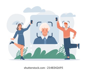 Gesichts-ID-Konzept. Moderne Sicherheitstools für personenbezogene Daten und die Suche nach Kriminellen. Mann und Mädchen mit Smartphones in Händen. Moderne Technologien und Innovationen. Cartoon-Flavektor-Vektorgrafik