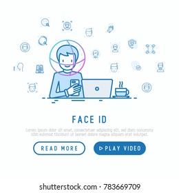 Face ID concept with thin line icons: face recognition, scanning, mobile authentication, approved, disapproved, face detect. Modern vector illustration, template for web page.