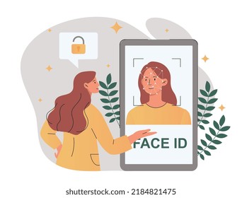 Face ID concept. Woman confirms personality, modern methods of authorization. Character opens account. Modern technologies, digital world and innovations metaphor. Cartoon flat vector illustration