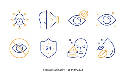 Face id, Face cream and 24 hours line icons set. Check eye, Health eye and Not looking signs. Water drop symbol. Phone scanning, Gel. Medical set. Line face id icon. Vector