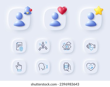 Face id, Cursor and Volunteer line icons. Placeholder with 3d bell, star, heart. Pack of Fingerprint, Stress, 3d app icon. Yummy smile, Business choice pictogram. For web app, printing. Vector