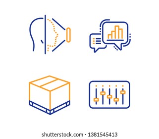 Face id, Delivery box and Graph chart icons simple set. Dj controller sign. Phone scanning, Cargo package, Growth report. Musical device. Linear face id icon. Colorful design set. Vector