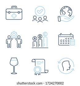 Gesichts-ID, Mitarbeiter-Teamwork und Graph Diagramm Linien-Symbole gesetzt. Diplom-Zertifikat, retten Planet, Gruppe von Menschen. Erste Hilfe, Kalender und Bordeaux Glasschilder. Vector