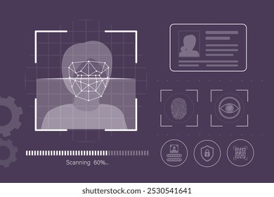 Identificação facial, reconhecimento facial, identificação biométrica, verificação pessoal, ciberproteção, detecção de identidade, algoritmos de IA, inteligência artificial. Segurança, digitalização. ilustração de vetor plana