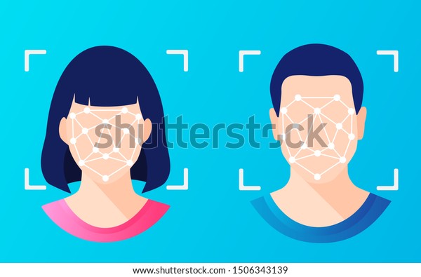 Face ID, facial recognition, biometric\
identification, personal verification, cyber protection, identity\
detection AI algorithms. Woman & man faces scanning. Secure\
technology system for web,\
mobile.