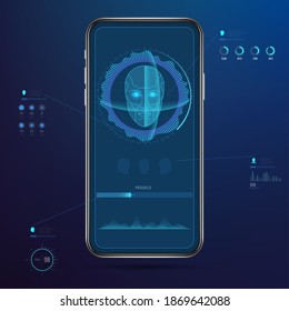 Face id. Tecnología de reconocimiento facial, escaneo de retratos y protección de identidad. 3d escáner de teléfono móvil, identificación personal e ilustración vectorial de acceso a la seguridad
