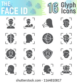 Face ID glyph icon set, face recognition symbols collection, vector sketches, logo illustrations, face scan signs solid pictograms package isolated on white background, eps 10.