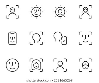 Icom de identificação de rosto, Identificação de rosto e conjunto de ícones de reconhecimento. Tecnologia digitaliza ícones lineares de proteção de acesso. Sinal de autenticação biométrica vetor, web, app, ui, ux