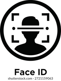 Icono de identificación facial: símbolo de autenticación biométrica en blanco y negro con marco de escaneo y silueta de la cabeza