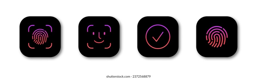 Face id icon with check mark box icon with correct or accept. Facial recognition and identification face scan line icon set, flat web sign symbol logo button. Vector 10 eps.