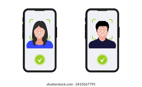 Face ID icon. Face identification on mobile phone. Identification of a person. Face scanning process. Biometric verification Facial recognition system, identification face identity detection.