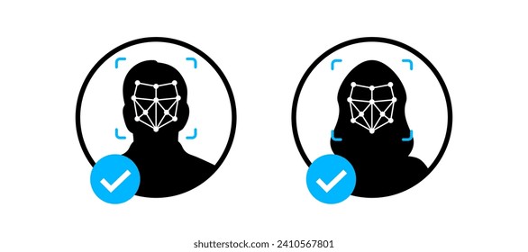 Face ID icon. Face identification. Identification of a person. Face scanning process. Biometric verification Facial recognition system, identification face identity detection. Vector illustration
