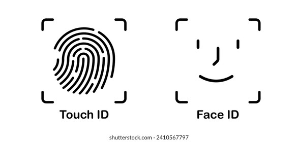 Icono de ID de la cara. Touch ID. Iconos de identificación. Sistema de reconocimiento facial, cara de identificación. Escáner de dedos. Verificación biométrica. Ilustración del vector