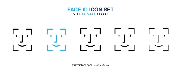 Face id icons graphics set in black and blue colors