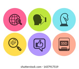 Face id, International Ð¡opyright and Search text icons simple set. Marketing strategy, Like and Ssd signs. Identification system, World copywriting. Flat face id icon. Circle button. Vector