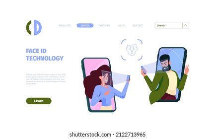 Face id landing. Biometrical unlock smartphones personal identification systems garish vector web page templates for smart technologyies