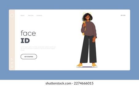 Face Id Landing Page Template. Security And Surveillance Concept, Face Recognition on Mobile Phones And Devices For Convenient And Secure User Authentication. Cartoon People Vector Illustration
