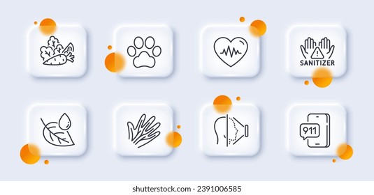 Face id, Leaf dew and Veins line icons pack. 3d glass buttons with blurred circles. Vegetables, Heartbeat, Dog paw web icon. Clean hands, Emergency call pictogram. For web app, printing. Vector