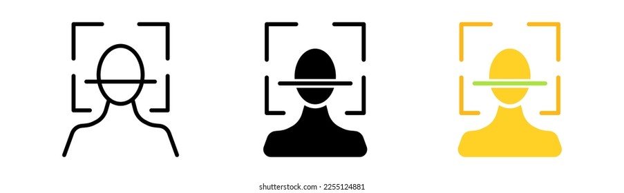 Icono de línea de ID de cara. Reconocimiento, marca de verificación, reconocimiento, biometría, adn, ojos, iris, marco, escaneo, escáner, identidad de escaneo. Icono de vector en línea, estilo negro y colorido sobre fondo blanco