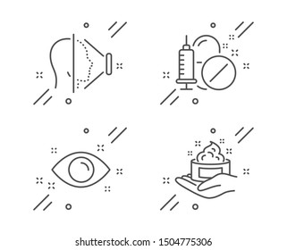 Face id, Medical drugs and Health eye line icons set. Skin care sign. Phone scanning, Medicine pills, Optometry. Hand cream. Healthcare set. Line face id outline icon. Vector