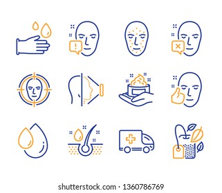 Face id, Oil drop and Face detect icons simple set. Rubber gloves, Ambulance emergency and Skin care signs. Serum oil, Mint bag symbols. Phone scanning, Serum. Medical set. Line face id icon. Vector