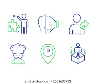 Face id, Parking and Refer friend line icons set. Strategy, Cooking chef and Augmented reality signs. Phone scanning, Park pointer, Share. Business plan. Business set. Vector