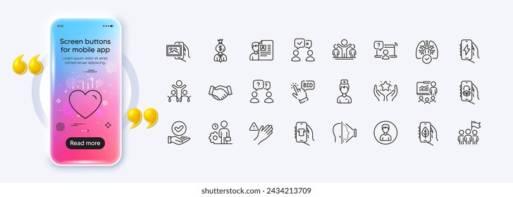 Face id, People voting and Manager line icons for web app. Phone mockup gradient screen. Pack of Approved checkbox, Teamwork questions, Winner pictogram icons. Vector