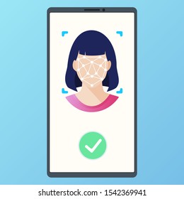 Face ID recognition and identification system. Scanning process woman's face on the screen mobile phone. Biometric identification app. Flat style vector concept illustration on blue background.