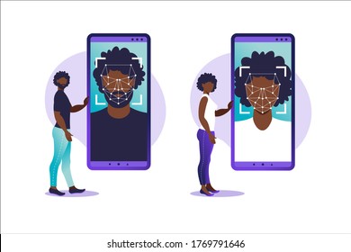 Face ID, face recognition system. Facial biometric identification system scanning on smartphone. Facial recognition system concept. Mobile app for face recognition. Vector illustration.