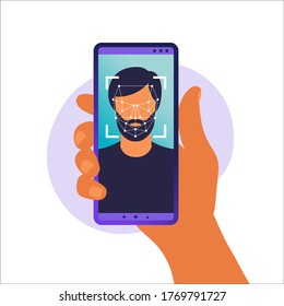 ID de la cara, sistema de reconocimiento de la cara. Escaneo facial del sistema de identificación biométrica en smartphone. Concepto del sistema de reconocimiento facial. Aplicación móvil para reconocimiento facial. Ilustración del vector