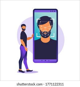 Face ID, face recognition system. Facial biometric identification system scanning on smartphone. Facial recognition system concept. Mobile app for face recognition. Vector illustration