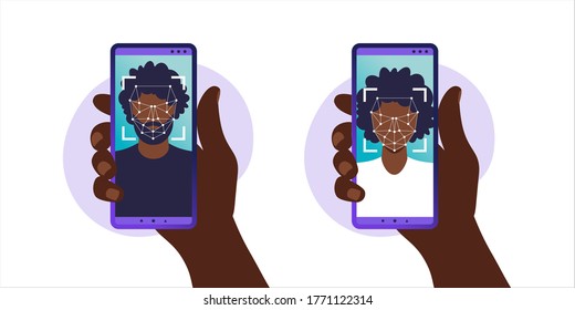 Face ID, face recognition system. facial biometric identification system scanning on smartphone. Hand holding smartphone with human head and scanning app on screen. Vector illustration.