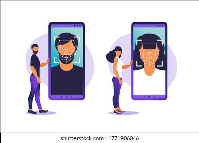 Face ID, face recognition system. Facial biometric identification system scanning on smartphone. Facial recognition system concept. Mobile app for face recognition. Vector illustration