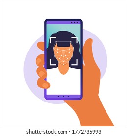 ID de la cara, sistema de reconocimiento de la cara. escaneo del sistema de identificación biométrica facial en smartphone. Mano sosteniendo un smartphone con cabeza humana y aplicación de escaneo en pantalla. Ilustración vectorial.