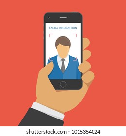 Face ID or face recognition system on mobile phone. Facial recognition concept. Smartphone with human head and scanning app on screen. Vector illustration in flat style. EPS 10.