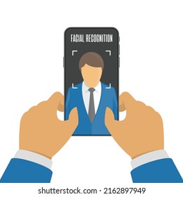 Face ID Or Face Recognition System On Mobile Phone. Facial Recognition Concept. Smartphone With Human Head And Scanning App On Screen. Vector Illustration In Flat Style. EPS 10.