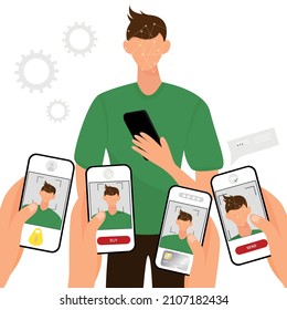 Face ID or face recognition system. A person holds a smartphone in his hands and performs various operations. Flat vector illustration of the concept of protection and security of mobile data