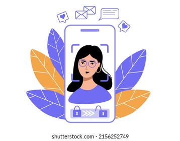 Face ID recognition system for smartphone unlock. Biometric identification. Face scanner.  Modern female character on phone screen