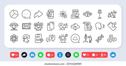 Face id, Rotation gesture and Smartphone waterproof line icons pack. Social media: share, comment, like icons. Diamond, Chat messages, Mail letter web icon. Vector