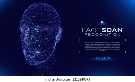 Face ID Scan Recognition AI. Artificial Intelligence Concept. Abstract Digital Particles Human Face. Robotics Concept. Wireframe Head Science Fiction Concept. Vector Illustration. Deep Learning Art.